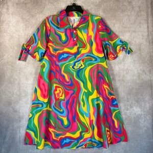 Southern Stitch Dress Women Medium Multicolor Psychedelic Swirl Retro Tie Sleeve